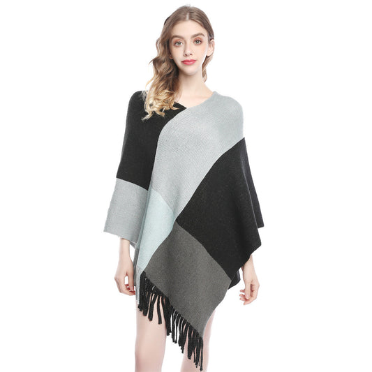 Fashion Women's Color Contrast Patchwork Knit Shawl Cape
