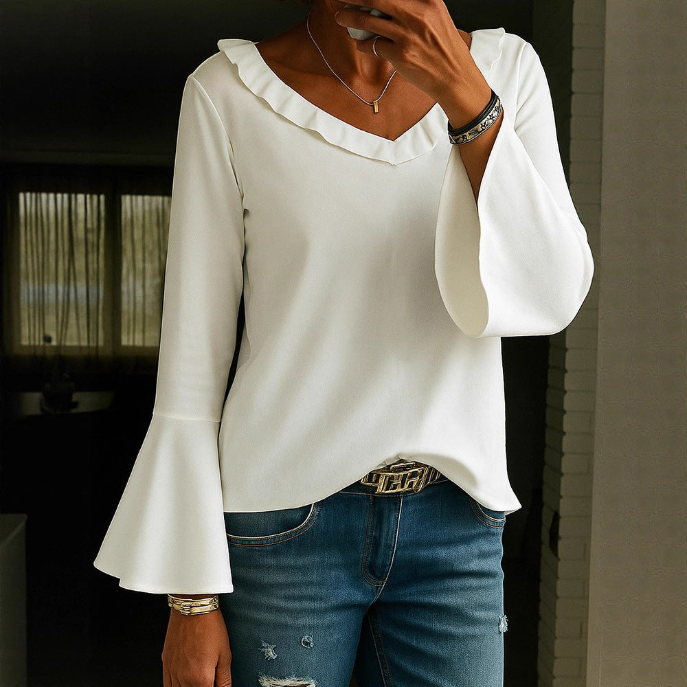 Casual Loose V-Neck Long Sleeve T-Shirt