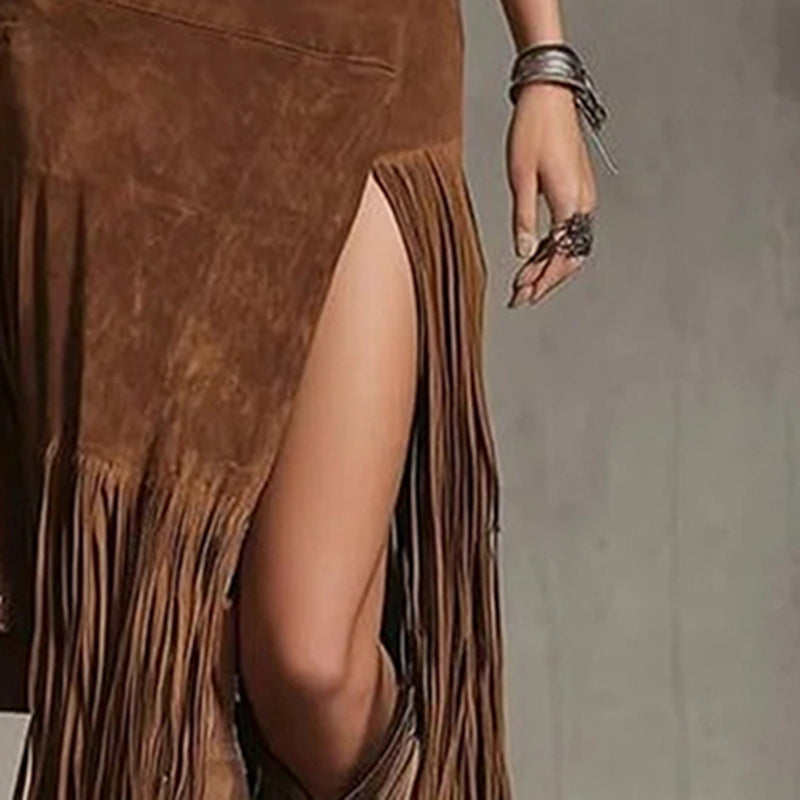 Women's Boho Patchwork Maxi Skirt with Fringe & Slit