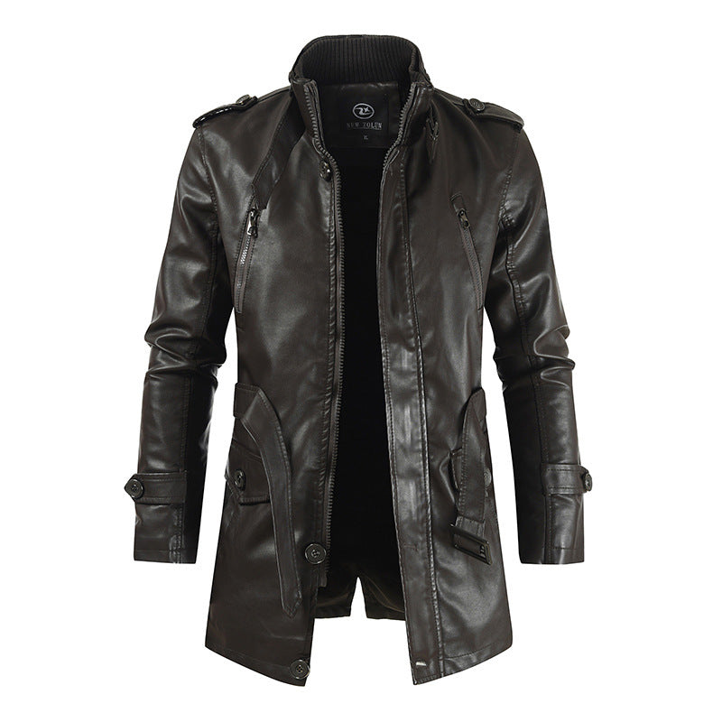 Men's Mid-Length Leather Coat | Stand Collar Fleece-Lined Thickened Winter Jacket