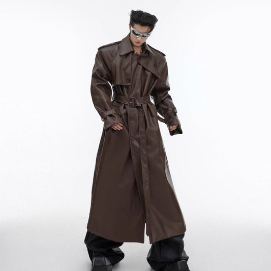 Trendy PU Leather Coat | Split Padded Shoulder Deconstructed Profile Jacket