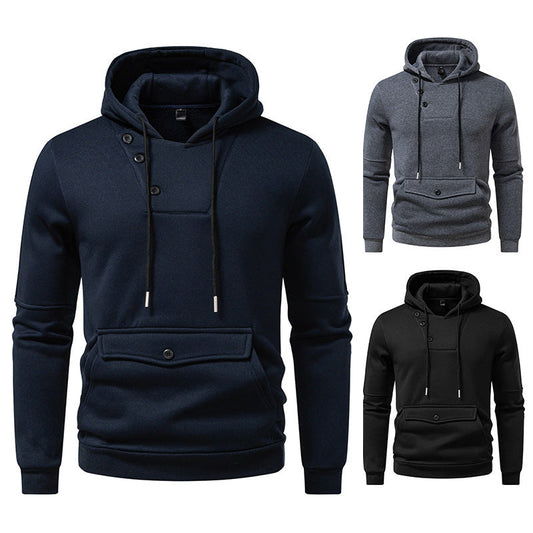 Casual Hooded Sweatshirt | Diagonal Buckle Placket Design with Large Pockets