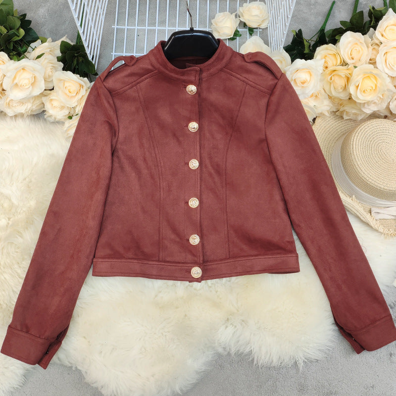 Fashion Long Sleeve Short Suede Coat