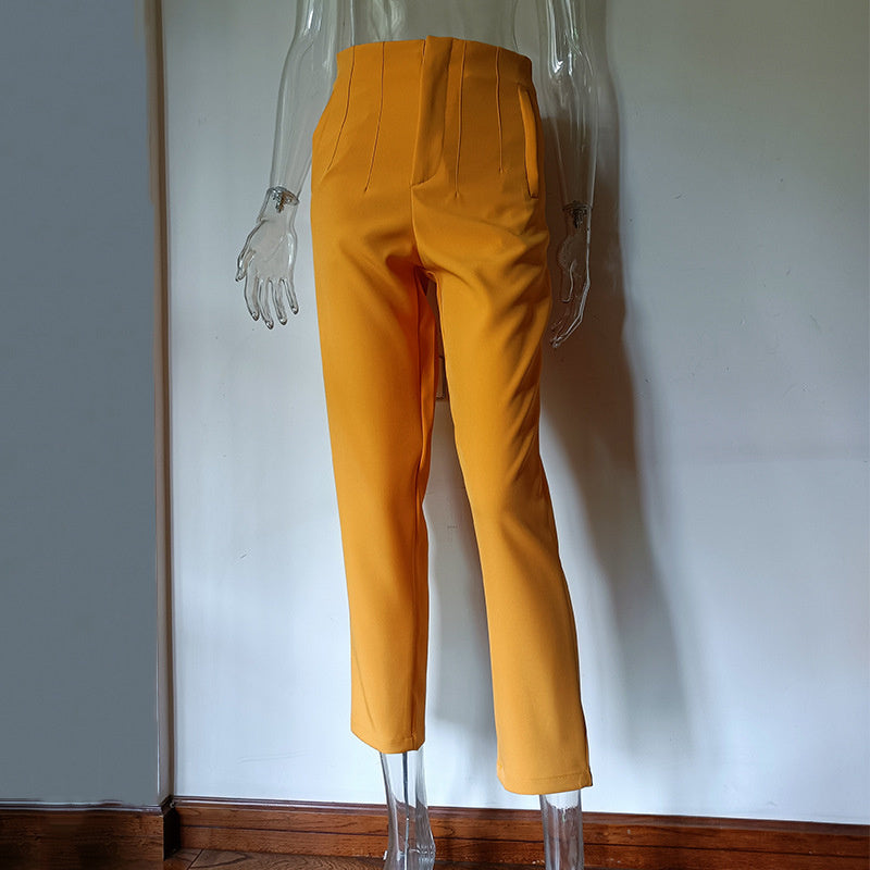 Casual Pleated High Waist Solid Color Trousers