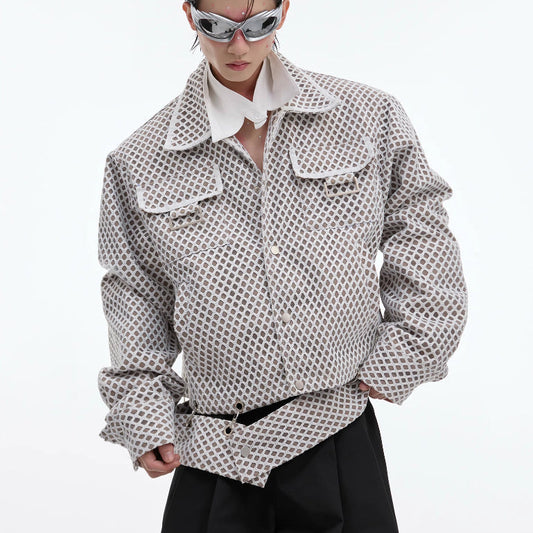 Men's Heavy Niche Grid Design Jacket | Casual Polo Collar Outerwear