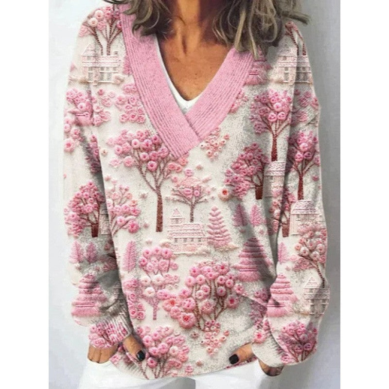 Women's 3D Digital Floral Print Long Sleeve Pullover