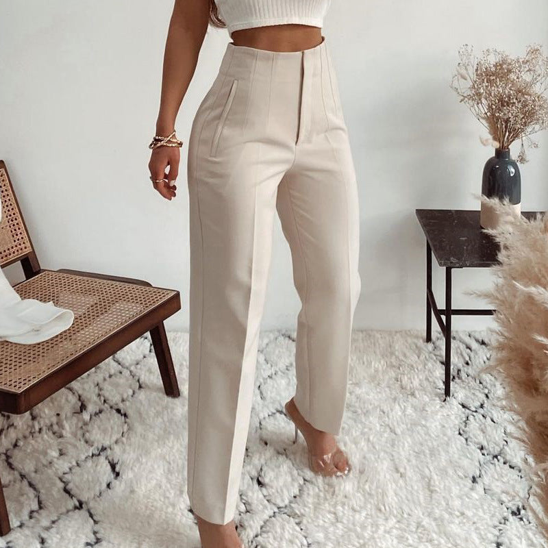 Casual Pleated High Waist Solid Color Trousers