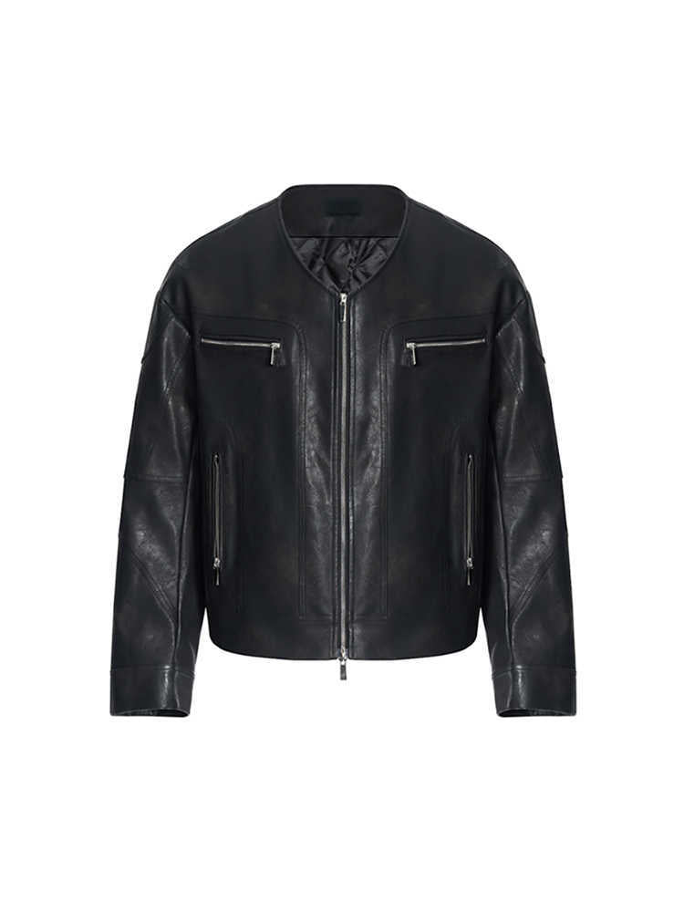 Men's Niche Design Leather Coat | V-Neck Zipper Closure Unique Jacket