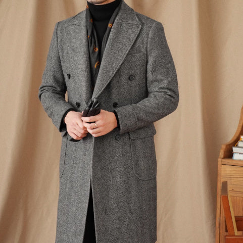 Luxury Men's Double-Breasted Wool Coat | Herringbone Italian Polo Style