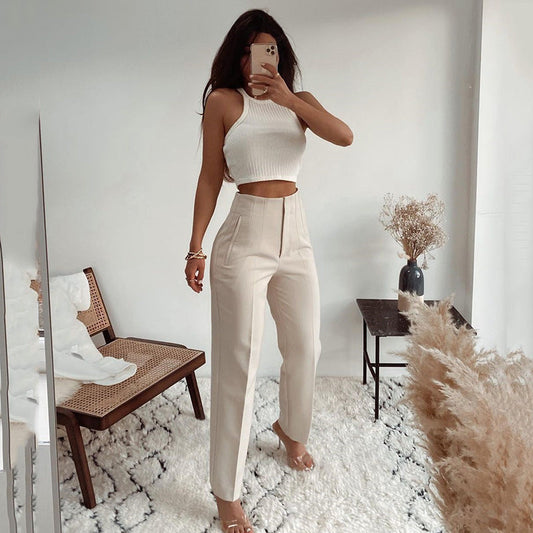 Casual Pleated High Waist Solid Color Trousers