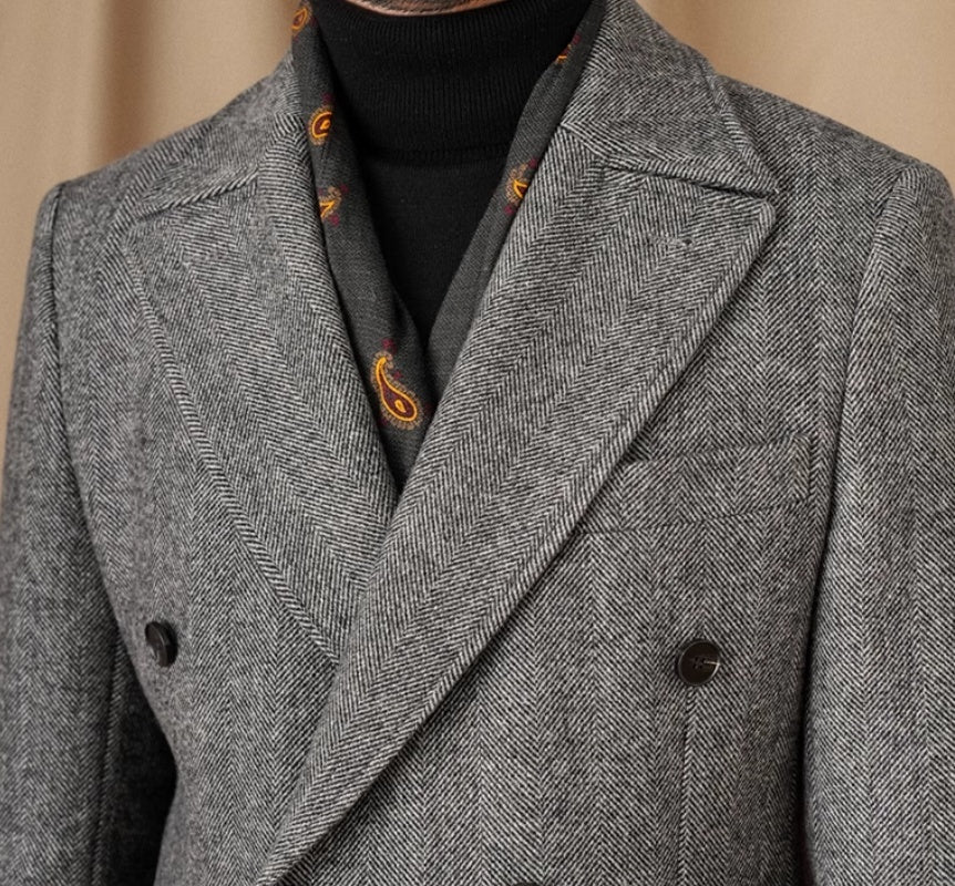 Luxury Men's Double-Breasted Wool Coat | Herringbone Italian Polo Style