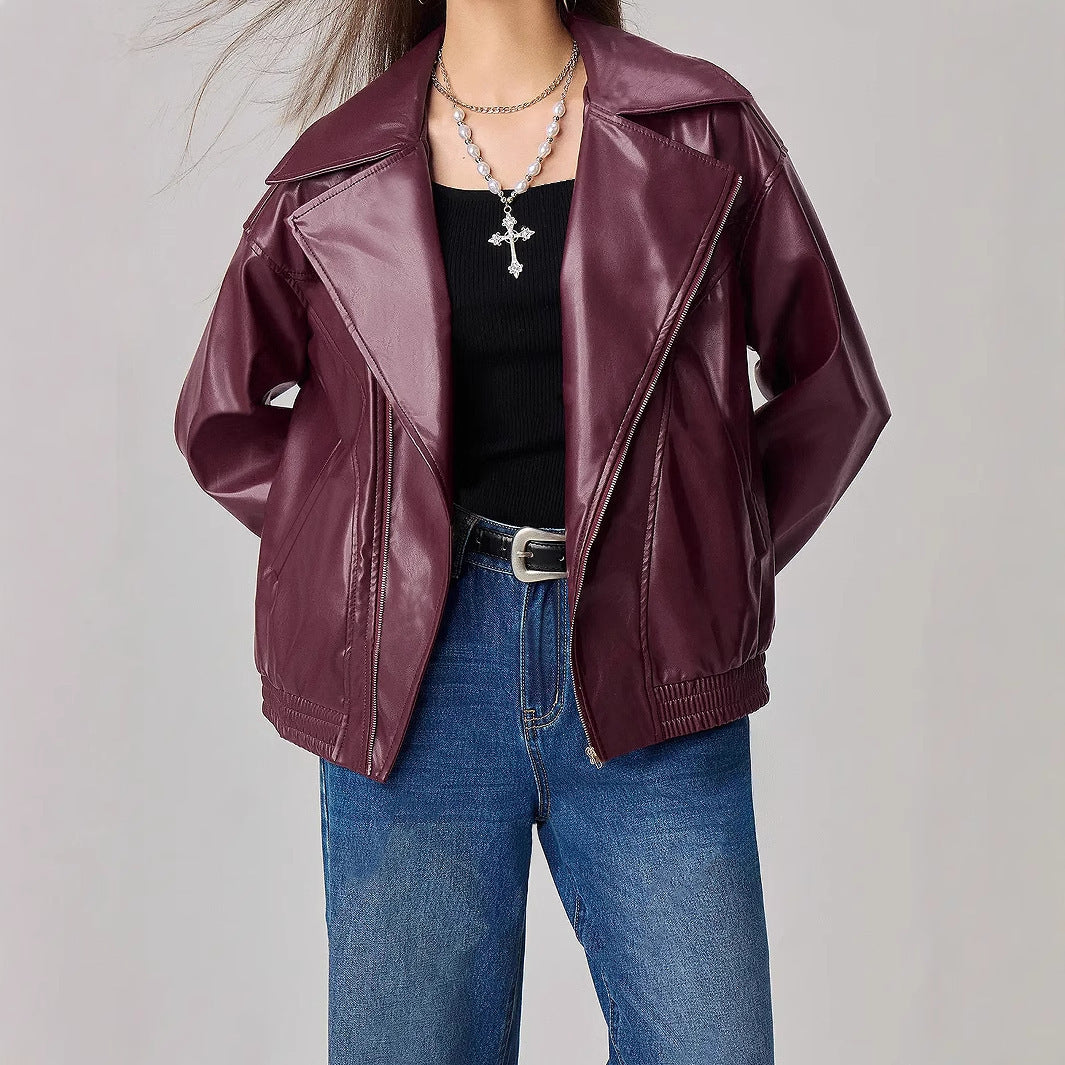 Women's Loose Fit Long Sleeve Leather Jacket