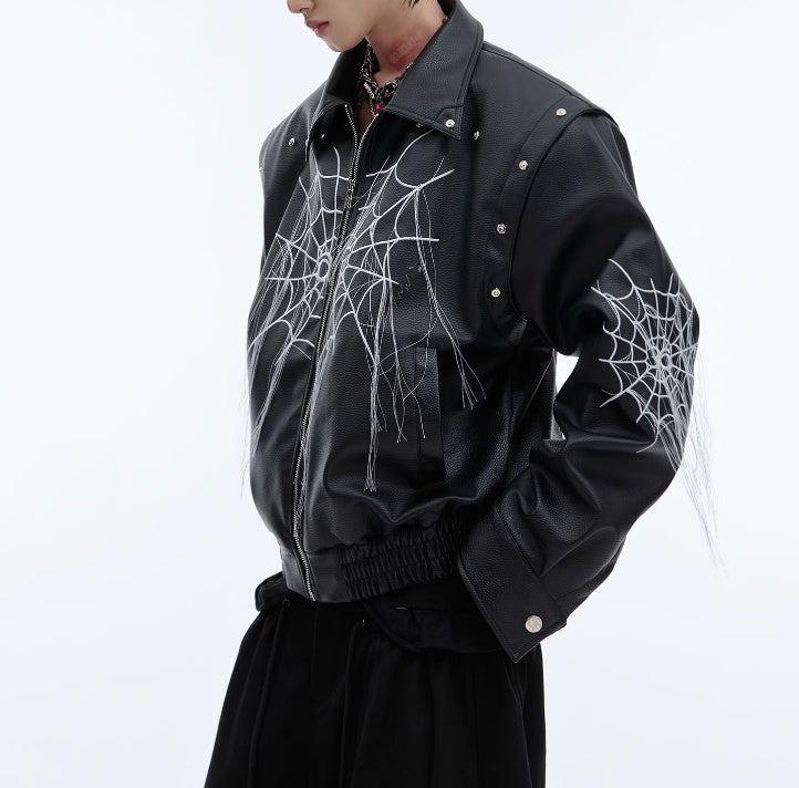 Men's Niche Spider Web Tassel Motorcycle Leather Coat | Unique Biker Jacket