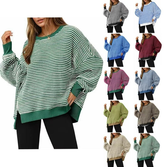Waffle Knit Crewneck Split Pullover Sweater