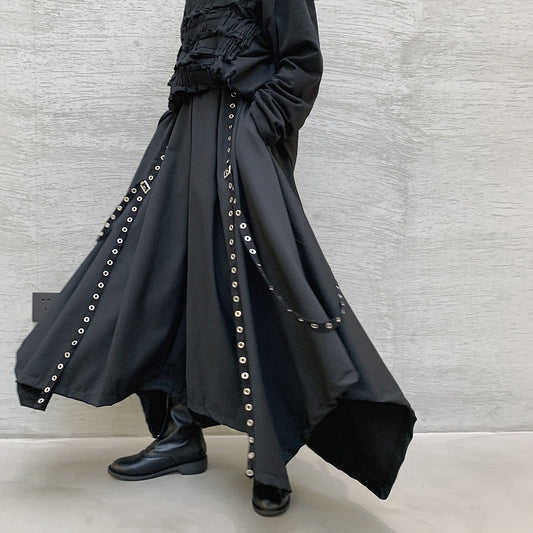 Goth Style Irregular Hem Ribbon Rivet Pantskirt