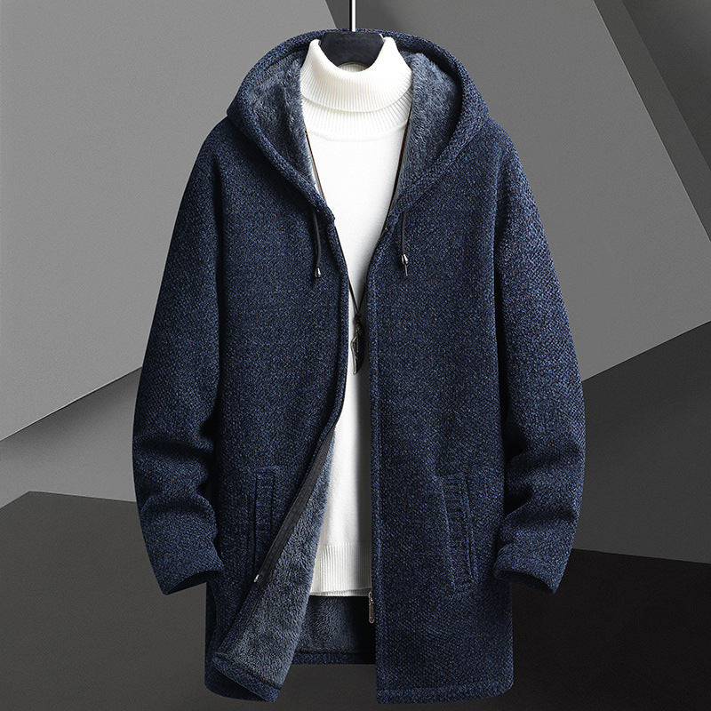 Men's Fleece-Lined Hooded Sweater Cardigan | Fall/Winter Mid-Length Zip-Up
