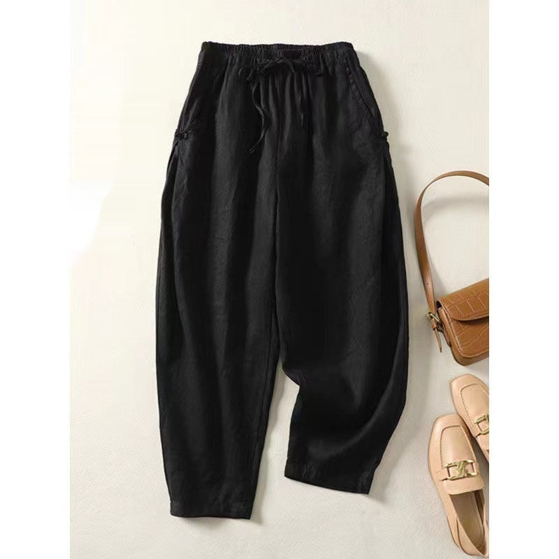 Casual Cotton Cropped Harem Pants with Buckle