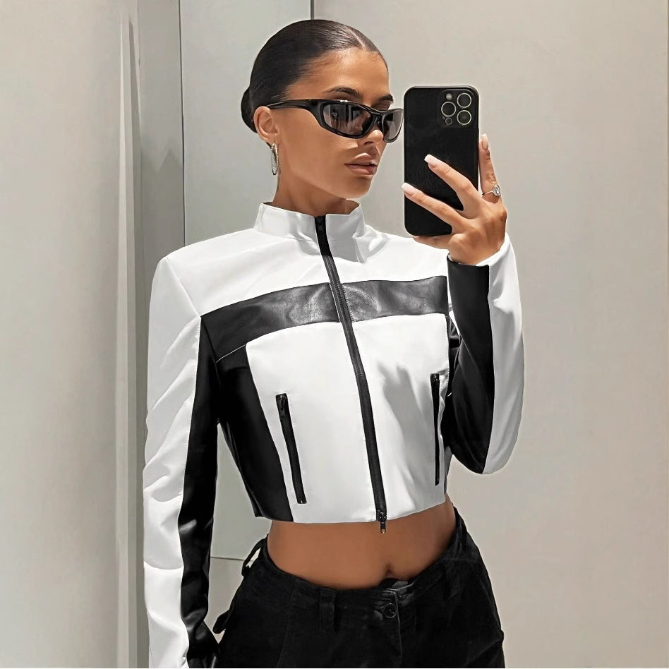 Women's Black & White Contrast Leather Jacket