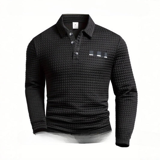 Men's Long Sleeve Waffle Polo Sweater | Casual Printed All-Match Pullover