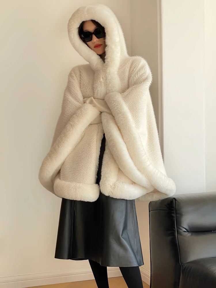 Fleece-Lined Cloak Shawl with Faux Fur Collar